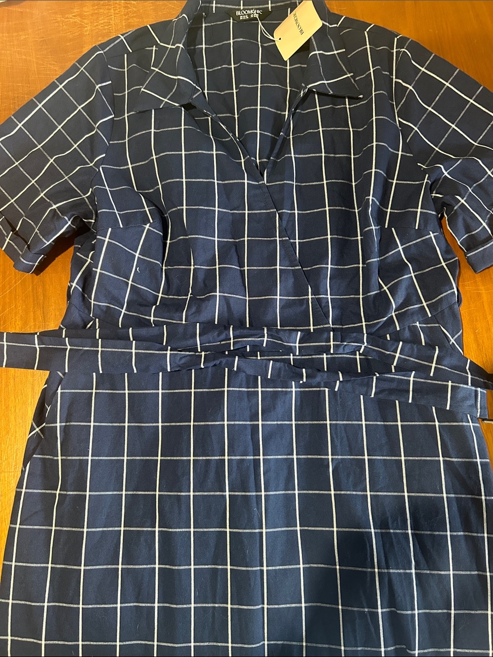 Navy and White Windowpane Wrap Midi Dress